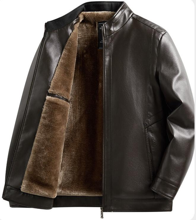 Мужская зимняя ветрозащитная теплая куртка из искусственной кожи с воротником-стойкой на флисовой подкладке, повседневная мотоциклетная куртка-бомбер с подкладкой из искусственного меха, большие размеры для мужчин