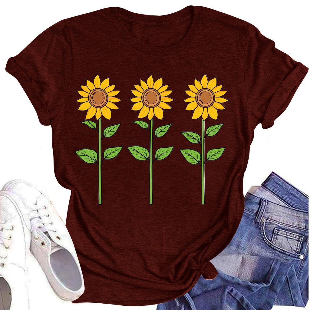 Женская повседневная футболка с круглым вырезом и цветочным принтом, короткий рукав