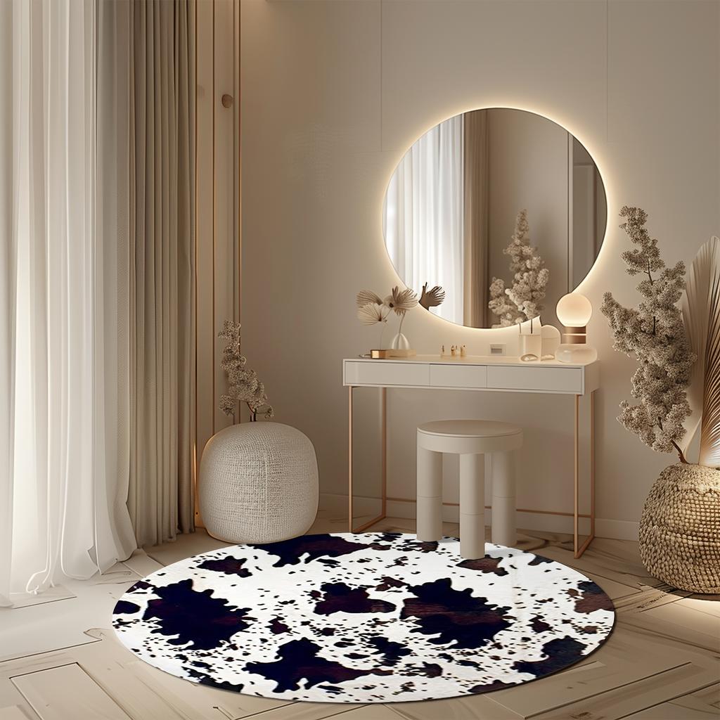Cow Print Spotted Round Rug Flannel Farmhouse Rustic Decor Black White Brown Non Slip Floor Mat Country Style Home Carpet