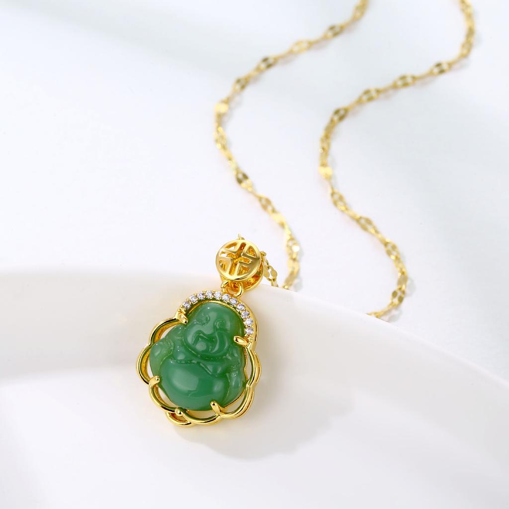 Новое ожерелье с подвеской в виде Будды Майтреи с большим животом, инкрустированное золотом и имитирующее нефрит, модное медное ювелирное изделие Сян