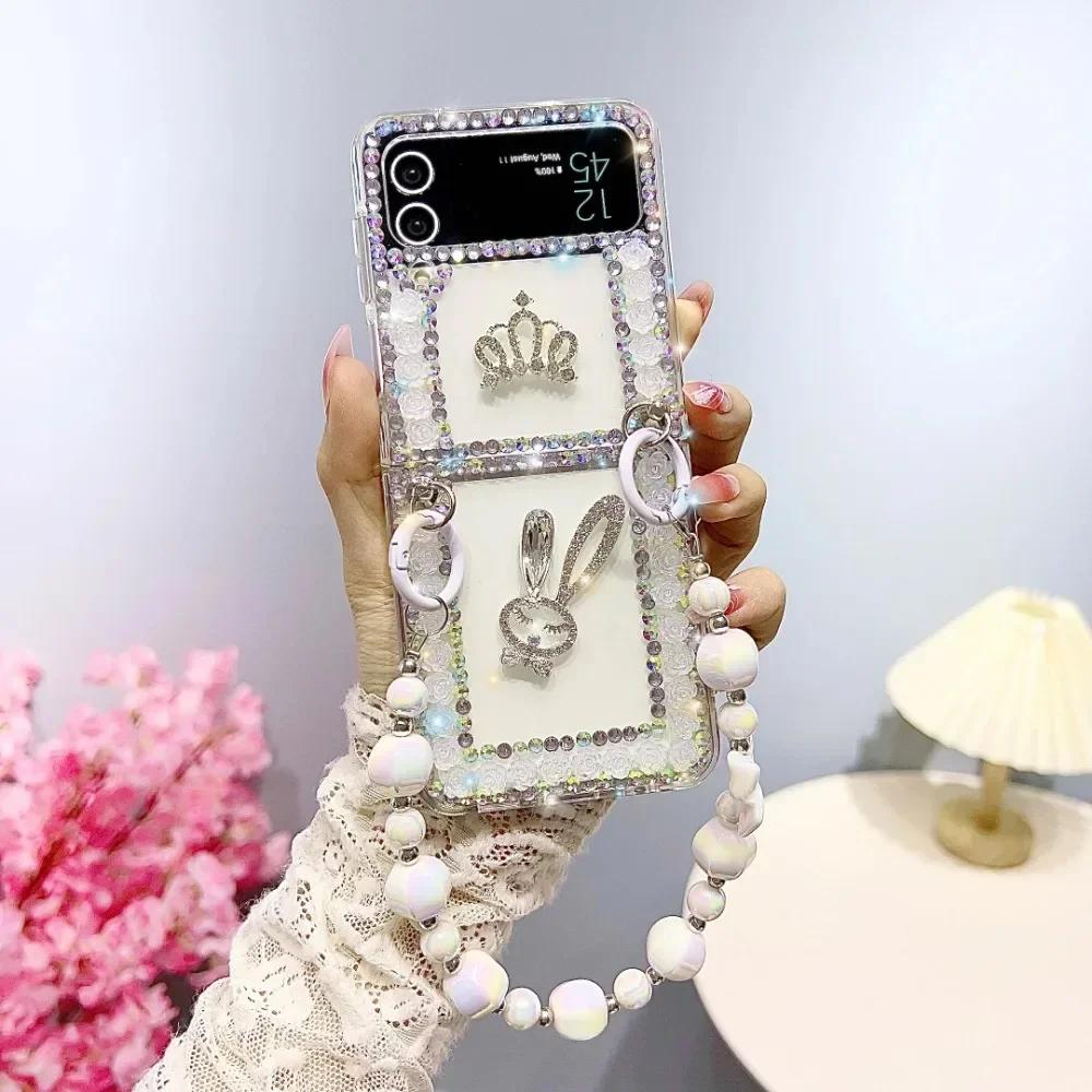 Портативный браслет из лазерных бусин и чехол для телефона с бриллиантовым бантом для Samsung Z Flip 5 4 3, Роскошный цветной чехол из прозрачного страза