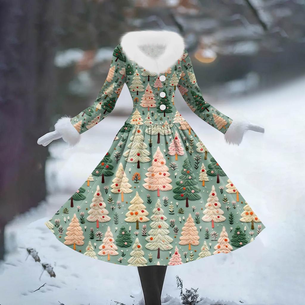 Женское повседневное платье с длинным рукавом, V-образным вырезом, лоскутным флисом и рождественским принтом
