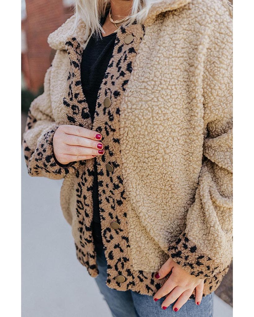 Azura Exchange Khaki Plus Size Leopard Trim Button Up Sherpa Jacket
