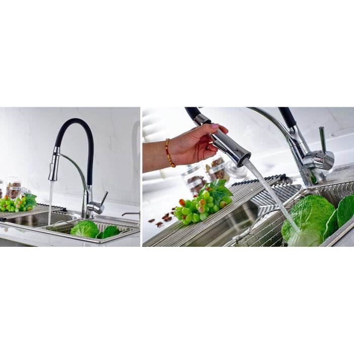 Robinet de cuisine - Noir-Chrome - Flexible - Bec orientable - 1 poignée - Laiton