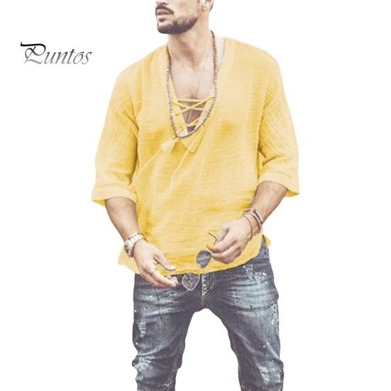 Летняя мужская рубашка на шнуровке с V-образным вырезом и средними рукавами, свободный однотонный пуловер в стиле ретро, ​​повседневная одежда, быстросохнущий тонкий повседневный топ средней длины