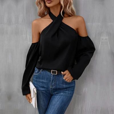 Черная ажурная рубашка с длинным рукавом, женская сексуальная блузка с открытыми плечами, модная блузка с лямкой на шее, повседневные свободные офисные женские топы 30145