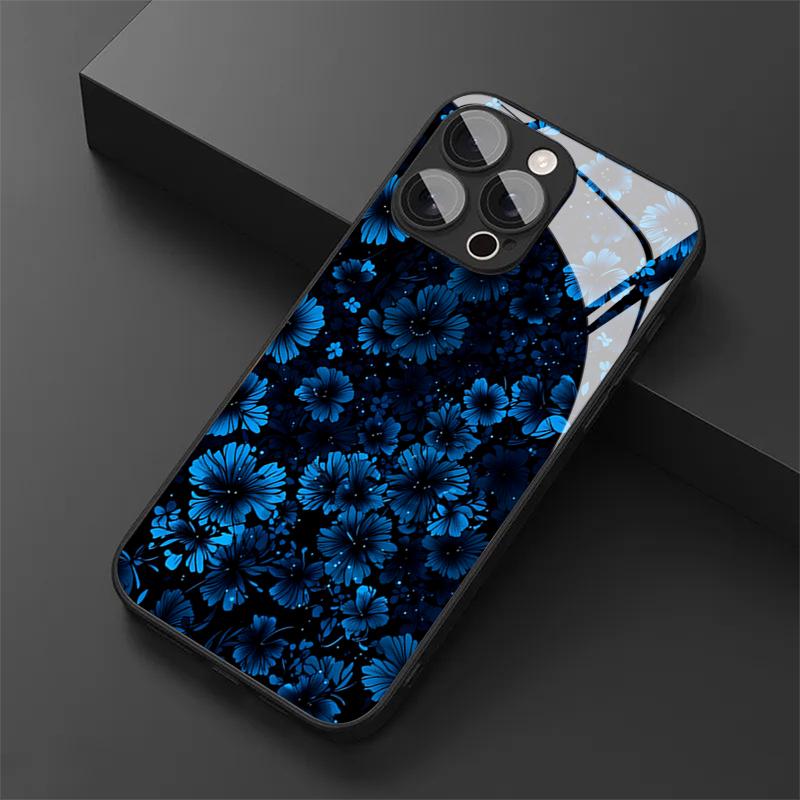 Сине-черный Цветочный Чехол из Закаленного Стекла для Телефона iPhone 17 16 Pro Max 15 14 Plus 13 12 11 Pro 16E 17Air X XR XS MAX 7 8 SE2