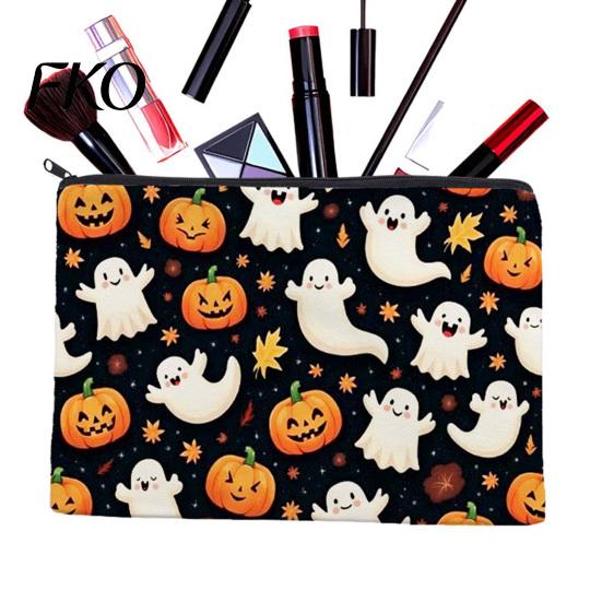 Non Fading Pattern Pouch Cosmetic Bag, Halloween Print Makeup Canvas Durable Data Cable Organizer Zipper Pouch, for Change Storage Anti Pilling Bag