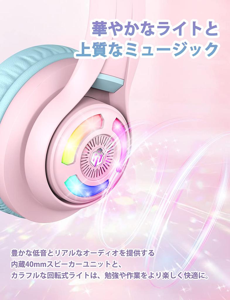 iClever Children's Headphones Bluetooth Headphones Cat Ear LED Light Up Wireless Kids Headphones with Volume Limit (74dB85dB94dB) 45H Playtime with