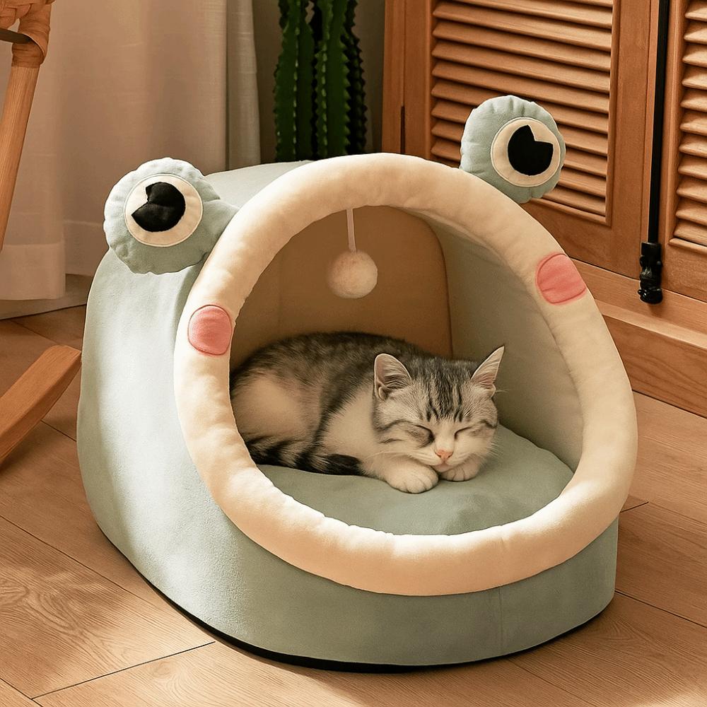 Removable Cartoon Style Cat Sleep Bed Foldable Washable Pets Sleeping Cave Kennel Nest Round Shape Pet Sleeping Bed Indoor Use