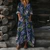 Новое платье с этническим принтом D, европейское и американское, удобное, повседневное, с V-образным вырезом, длинным рукавом и карманами
