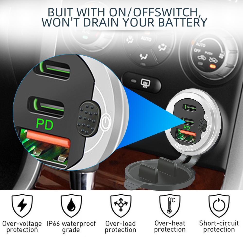Три порта быстрой зарядки Dual PD & QC 3.0 115 Вт алюминиевая автомобильная зарядная розетка для 12 В 24 В мотоцикла лодки морского грузовика квадроцикла