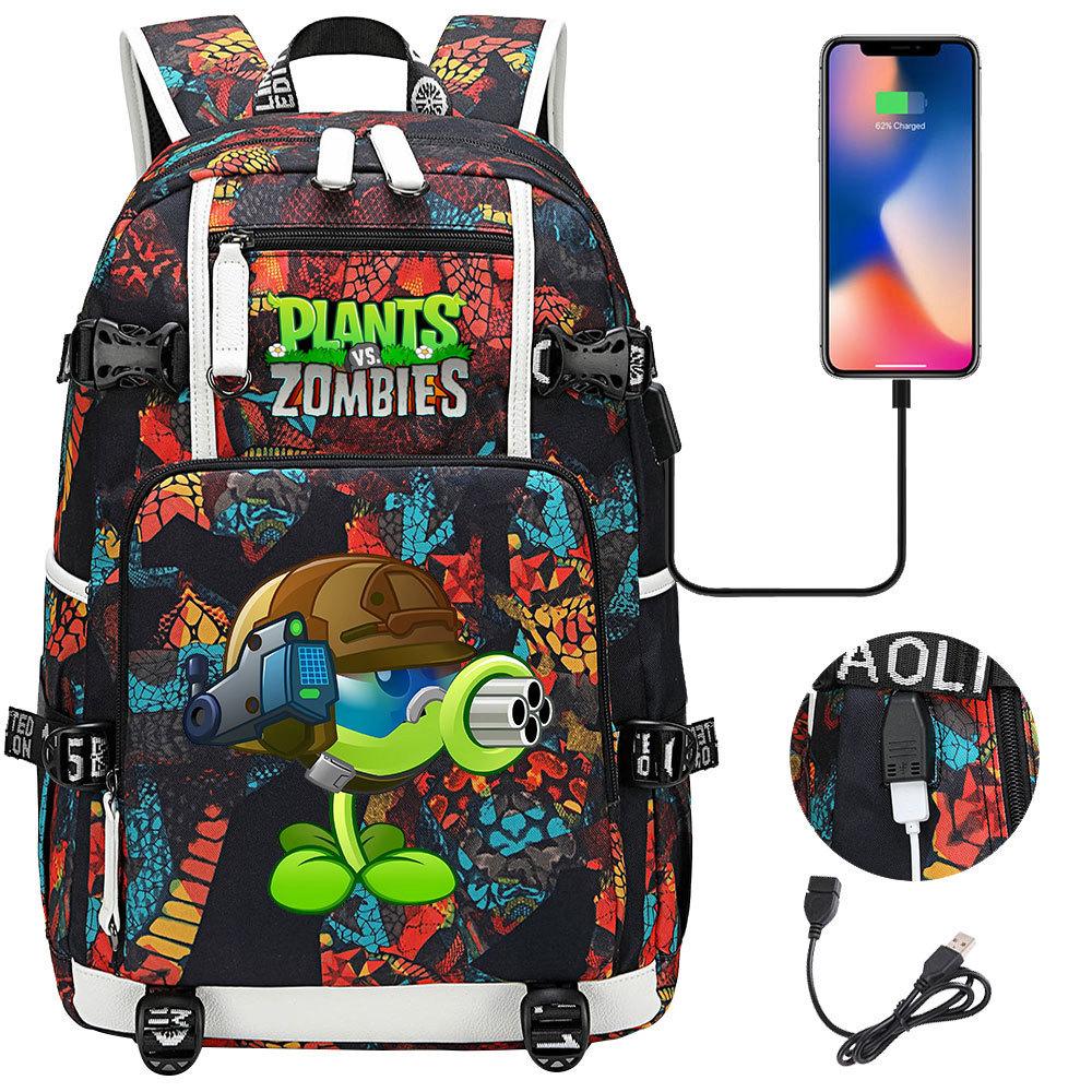 Plants vs Zombies USB Headphone Backpack for Teens Students Casual Travel Daypack Large Capacity Laptop Bag