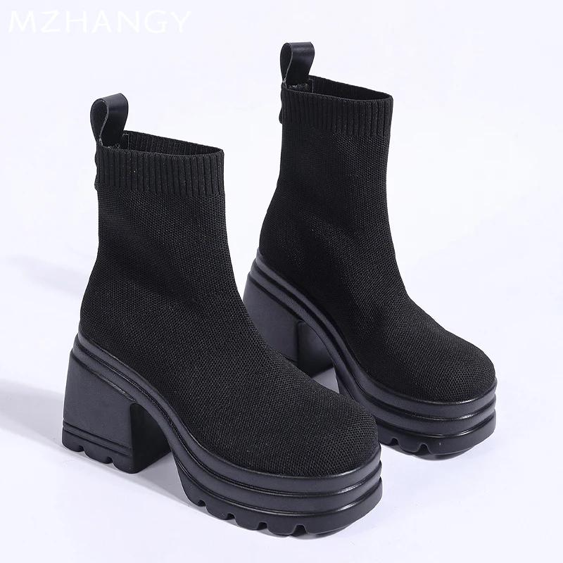 Platform Women Sock Ankle Boots High Heels Knitting Elegant Shoes Woman 2025 Trend Fashion Cozy Dress Ankle Boots Mujer Botas