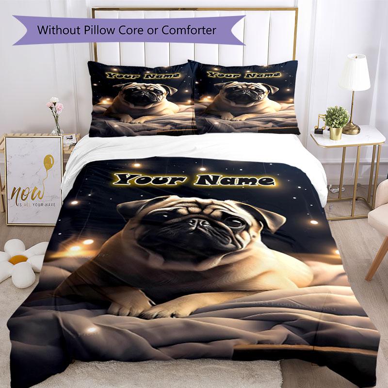 3pcs Custom Name "Starry Night Pug Dreams" Bedding Set Printed Bedding Set Duvet Cover Closure Includes 1 Duvet Cover & 2 Pillowcases Bedroom Decor