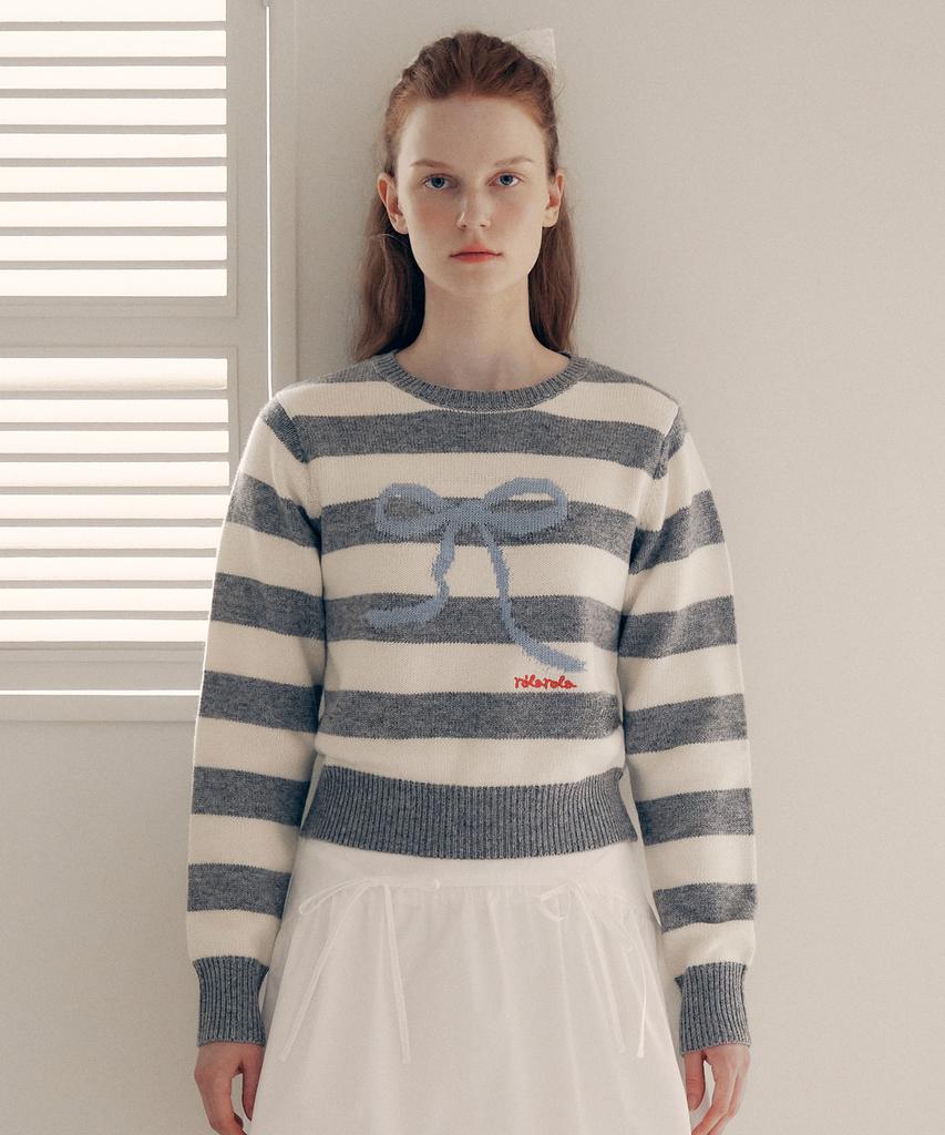 ROLAROLA Wool Blended Ribbon Stripe Knit Wh+Gy