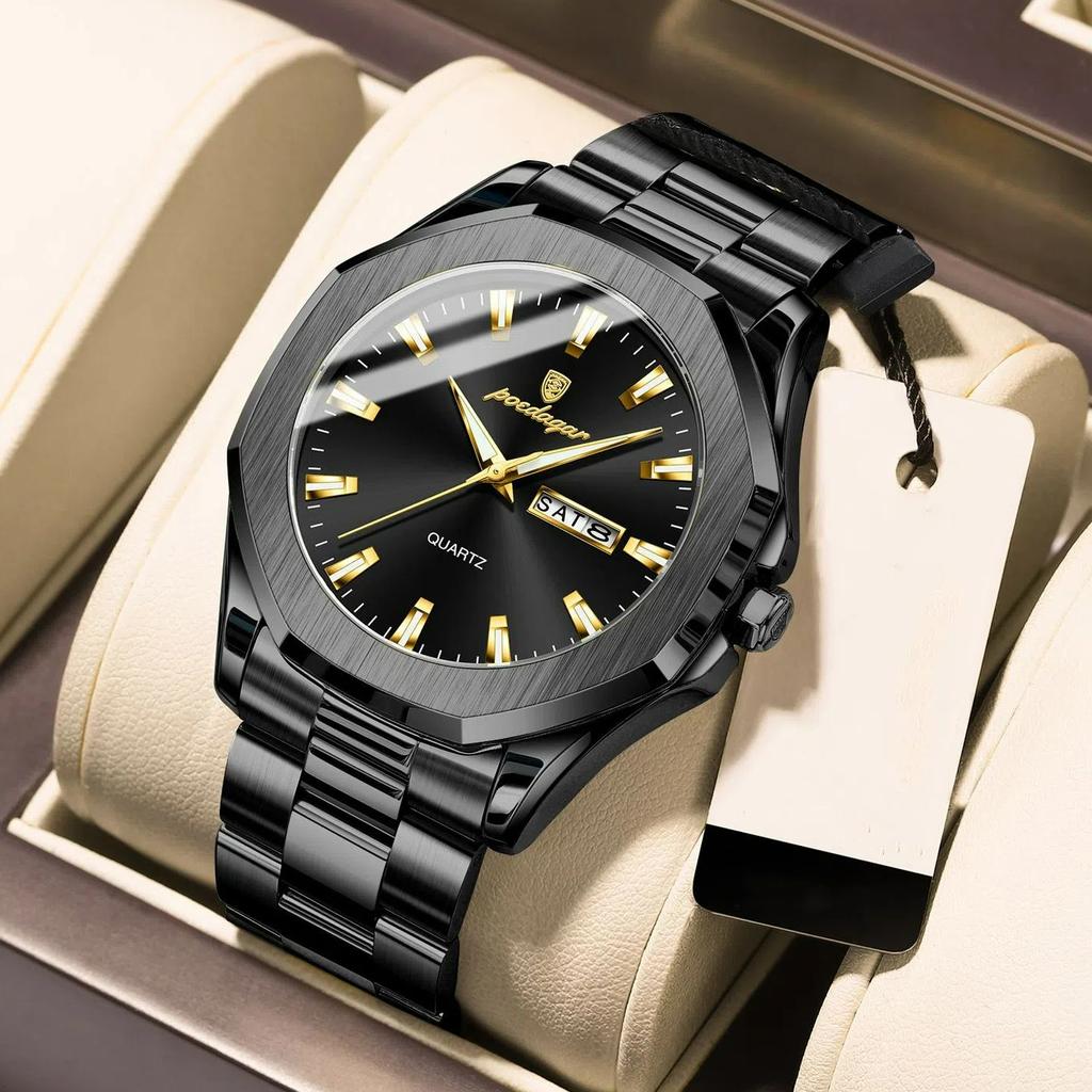POEDAGAR Luxury Men Wristwatch Waterproof Luminous Week Date Original Man Watch Stainless Steel Sport Quartz Men's Watches