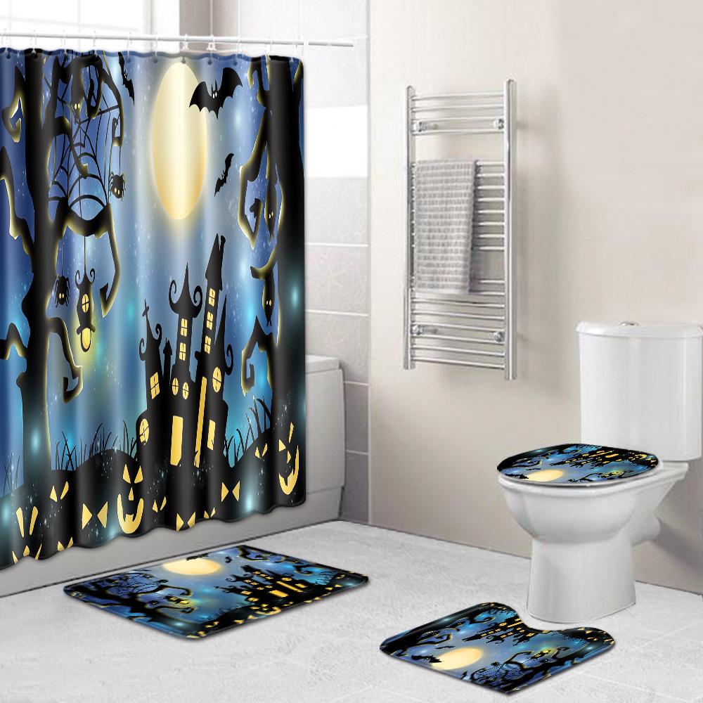 Halloween Shower Curtain Floor Mat Combination Four-Piece Set Bathroom Toilet Carpet Shower Room Foot Mat