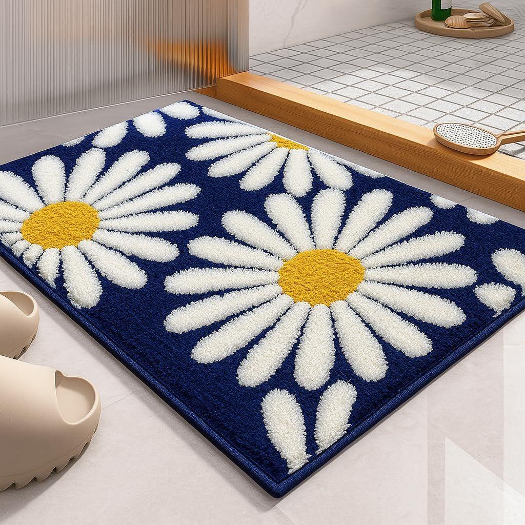 Flower Super Soft Microfiber Bath Mat Super Absorbent Anti-Skid Door Mats for Home/Bathroom/Bedroom/Kitchen/Floor Mat (Dark Blue) Pack of 1