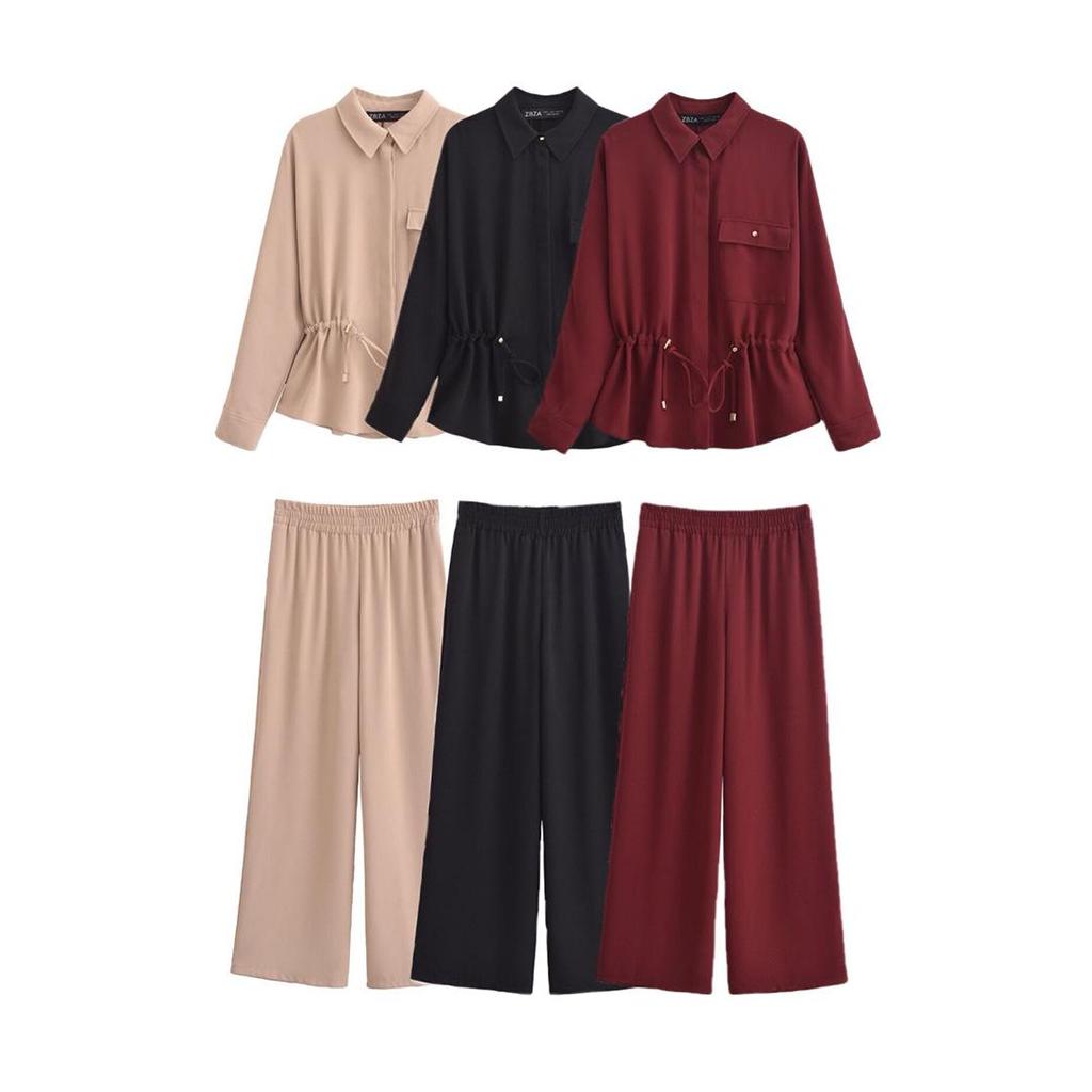 2025 Весна Женская Креповая Свободная Рубашка и Повседневные Длинные Брюки - Евро-Американский Стиль