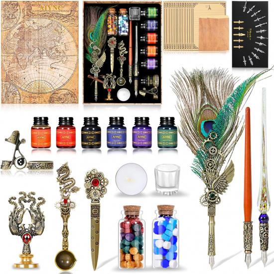 Quill Pen and Ink Set, Feather Pen Ink Set, Wax Seal Stamp Kit, Calligraphy Set, Valentine's Day Gifts for Writing Lovers Birthday Gifts, Ideal