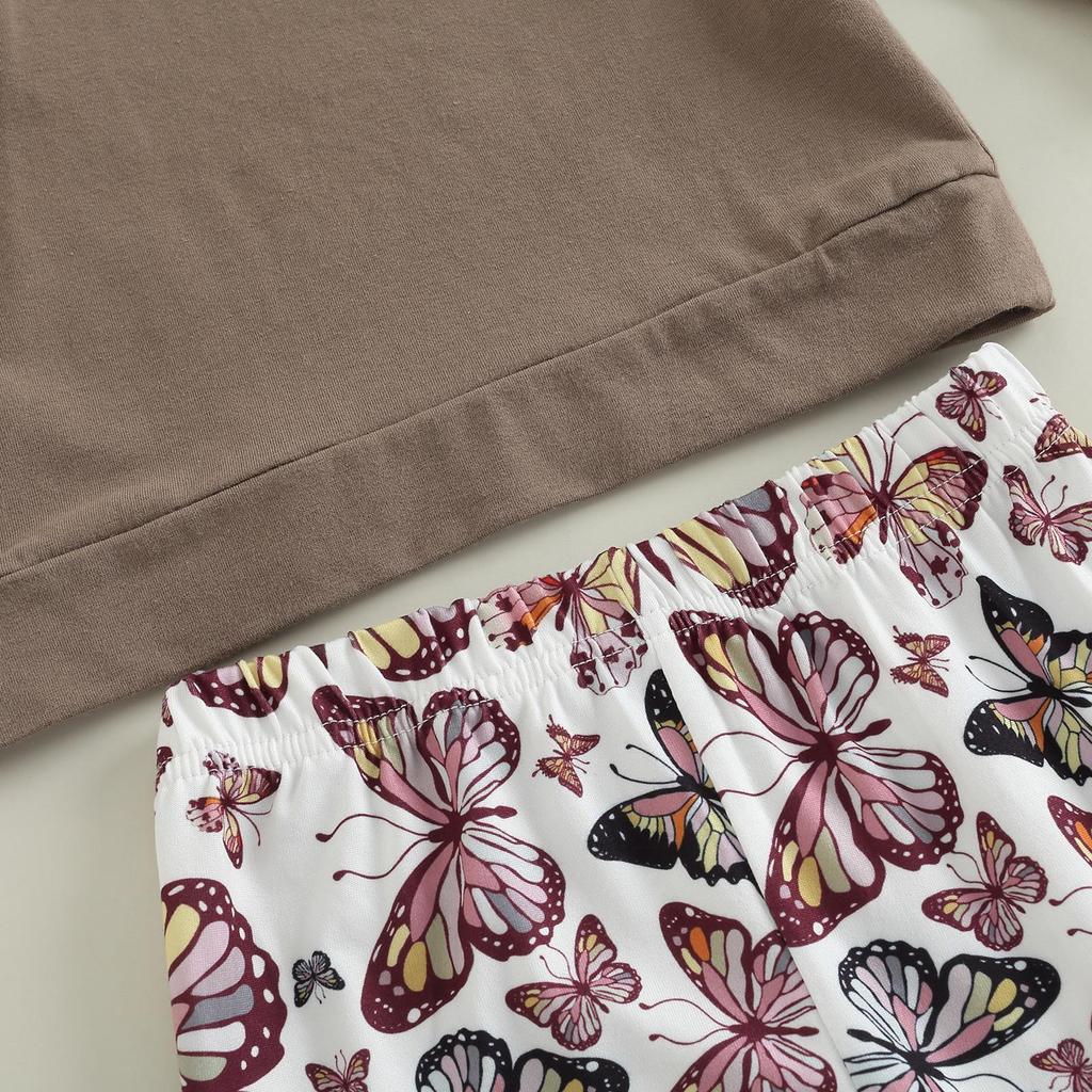 0-6Years Toddler Kids Girls Fall Outfits Butterfly Print Long Sleeve Shirt Tops with Stretch Flare Pants