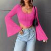 Women's New Solid Colour U-neck Exposed Navel Thin Fashion Flare Long-sleeved Top Sexy Short T-shirt