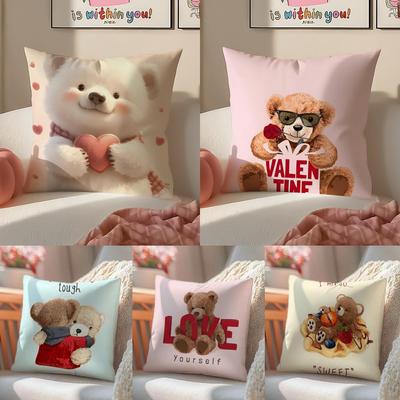 Love Family Companionship Teddy Bear Cushion Cover Linen Pillowcase Cover Soft Decor for Sofa Home Room