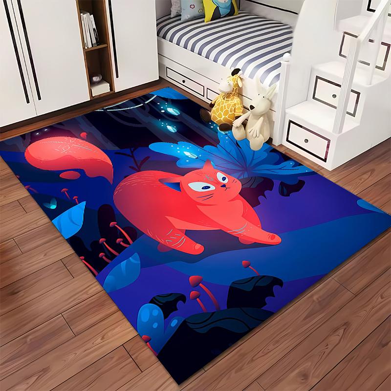 "Colorful Cartoon Fox in Enchanted Forest Pattern Area Rug Decor" Suitable for use as an anti-slip for living room bedroom sofas