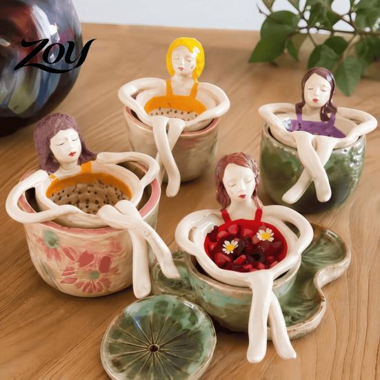 Novelty Tea Accessory for Cup Bathing Girl Infuser Loose Leaf Tea, Fine Mesh Strainer, Creative Resin Strainer Sitting Figure Filter Cups and