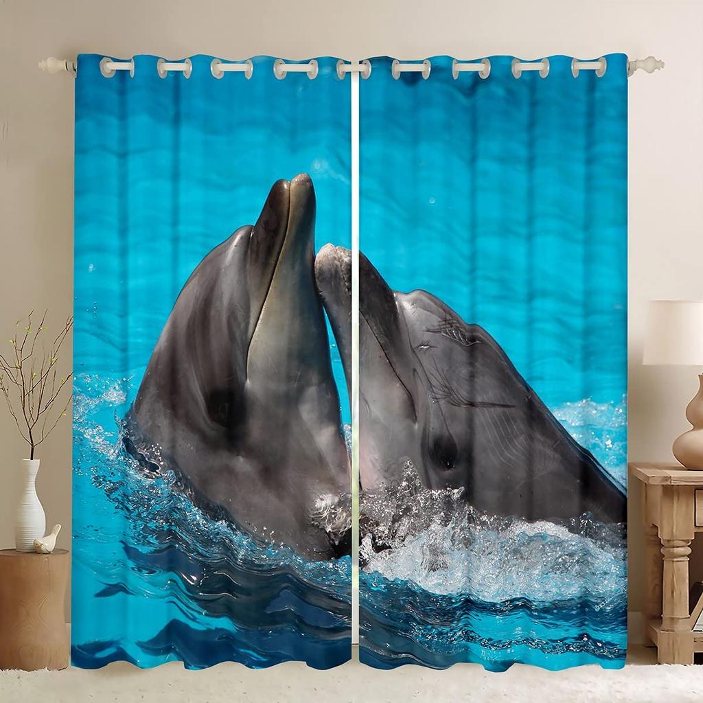 Cute Cartoon Dolphin Curtains Grommet Light Filtering Window Print Pattern Sea Animal Theme Curtain Bedroom Living Room 2 Panels
