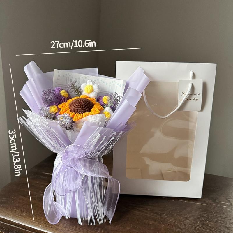 Mother'S Day Crochet Bouquet Finished Hand-Woven Artificial Flower Graduation Season Girl Friends Birthday Bouquet With Gift Bag