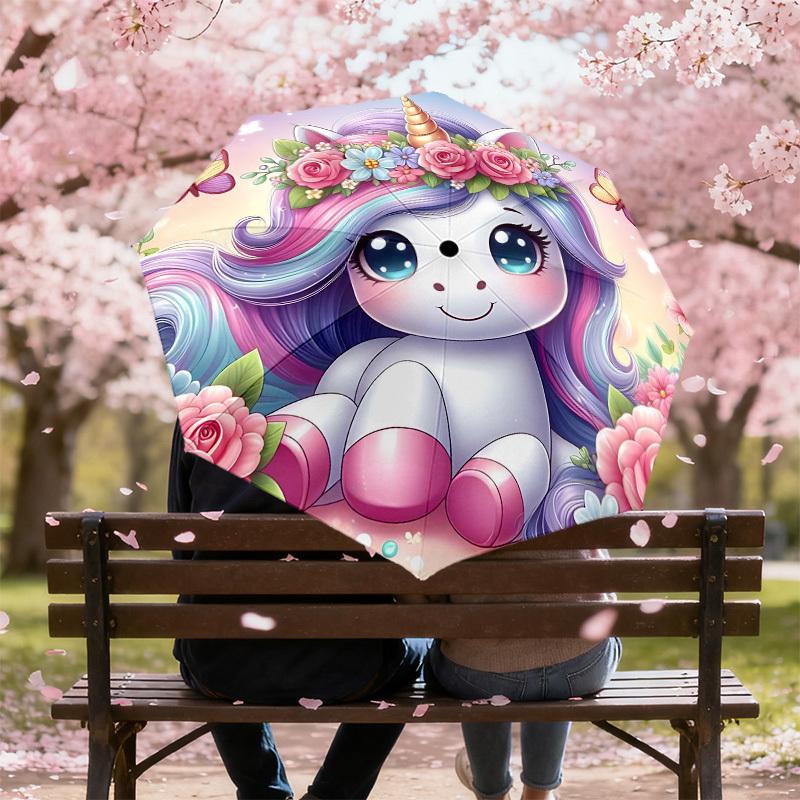 1PC Unicorn Flowers Umbrella-8-Rib Reinforced Portable Folding Travel Suitable for All Seasons Outdoor Daily Use-G384