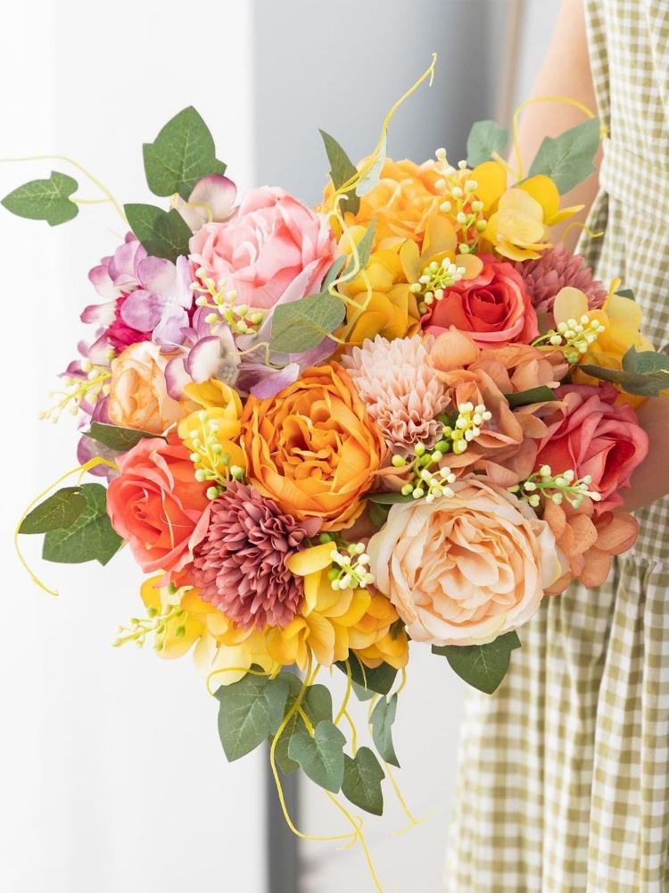 2 Bundles Fake Rose Peony Artificial Flowers Silk Hydrangea Bouquet Bridal Bouquet Realistic Flower Arrangements for Wedding Table Home Decoration