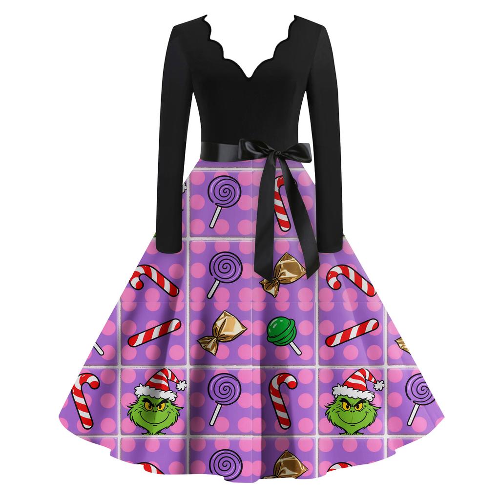 Женское модное ретро платье с длинным рукавом, квадратным вырезом, рождественским принтом, вечернее платье