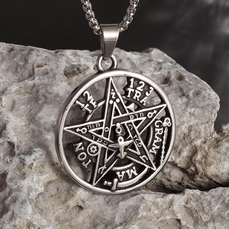 Stainless Steel Witchcraft Pentagram Pendant Men\\'s Jewish Hebrew Tetragrammaton Necklace Men\\'s Vintage Amulet Jewelry