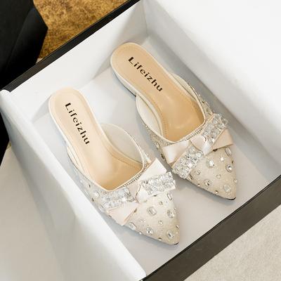 2024 Летняя новая обувь для женщин, тапочки для девочек, хрустальные банты, уличные блестящие повседневные сандалии для девочек, туфли на каблуках, мюли