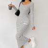2025 весенняя мода белая полоса с длинным рукавом сексуальное квадратное воротничковое макси платье для женщин повседневные обтягивающие прямые эластичные трикотажные платья