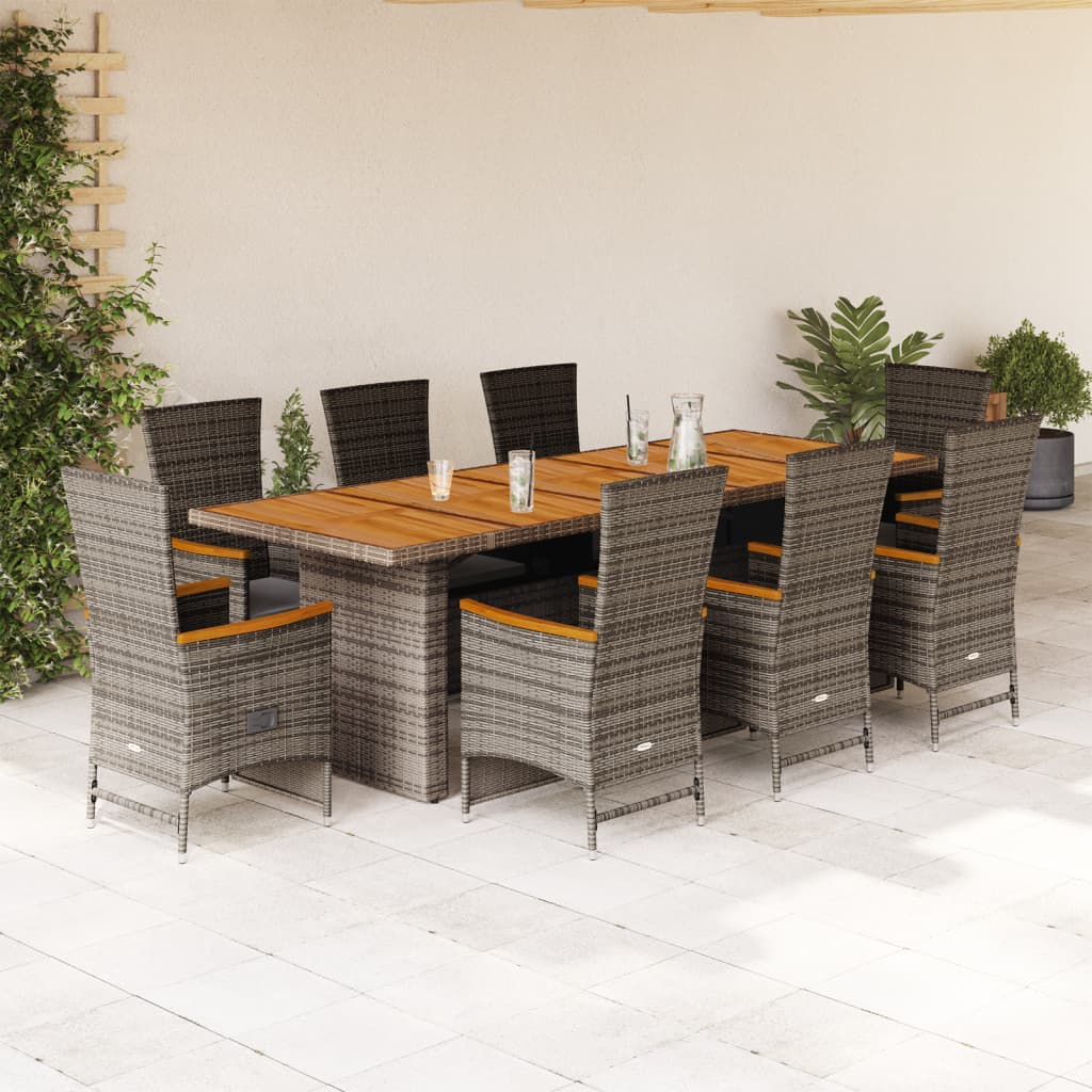 9 Piece Garden Dining Set with Cushions Gray Poly Rattan