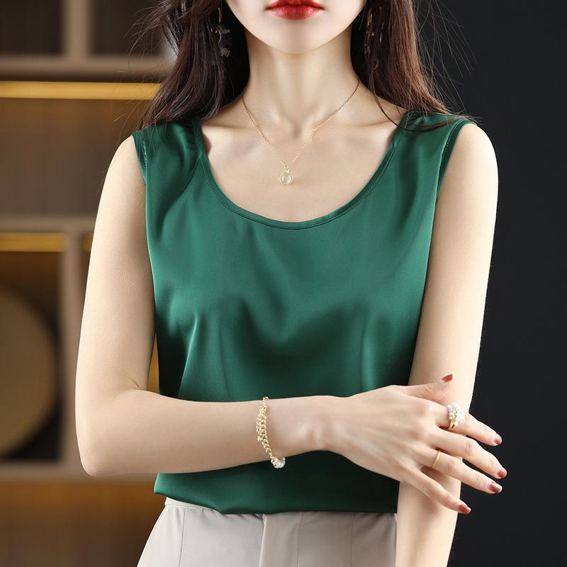 Satin Silk Vest Summer Women's Vest Pullover Short Top Sleeveless Vest Round Neck Solid Color Camisole