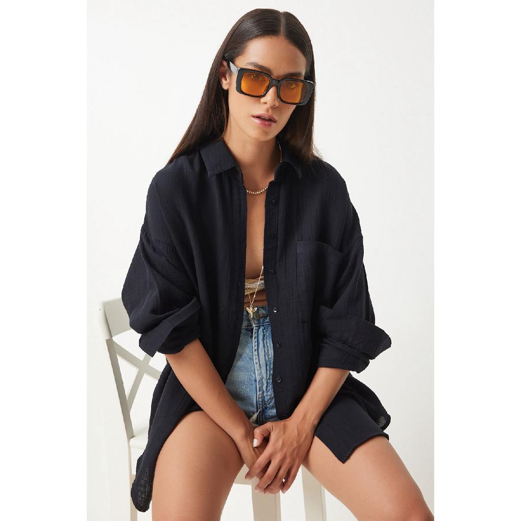 Oversize Basic Muslin Shirt Navy Blue