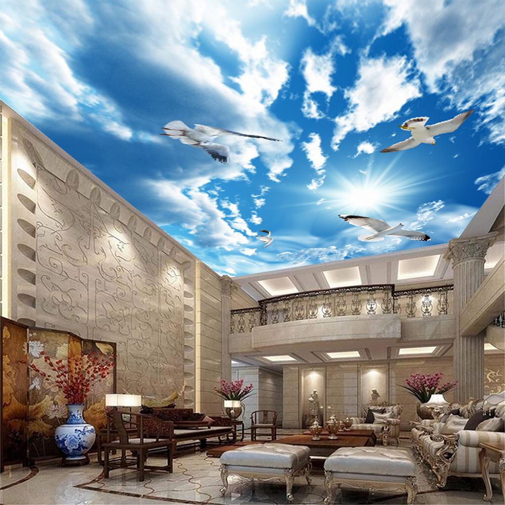 Blue Sky Wallpaper White Clouds Mural Sunshine Seagull Ceiling Wall Mural Living Room Bedroom Wallpaper