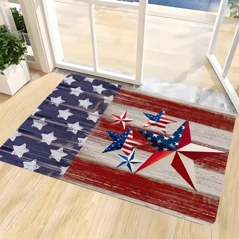 Vintage American Flag Welcome Print Doormat Rustic Wood Effect Design Non Slip Floor Mat for Patriotic Decor