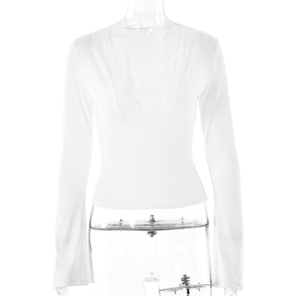 Сексуальный тонкий кружевной топ с длинным рукавом и V-образным вырезом