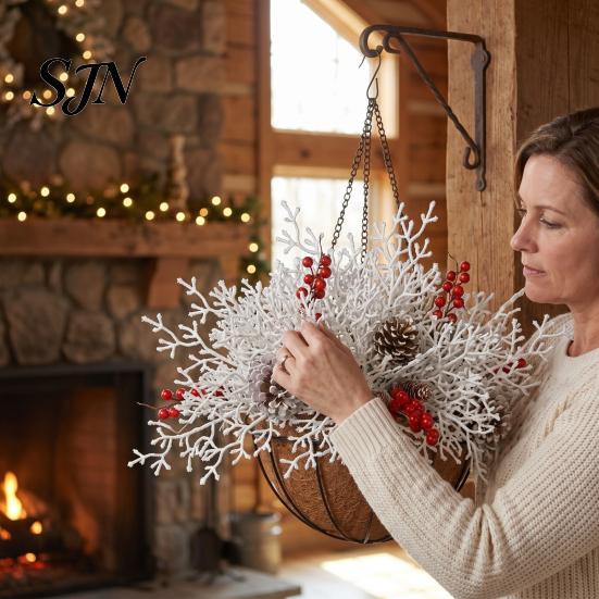 Artificial Pine Branch Planter Christmas Hanging Basket with Branches, Red Berries & Pinecones, Evergreen Porch Plant Pre-lit Holiday for Patio Indoor