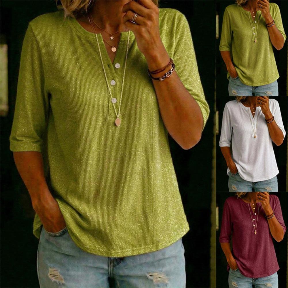 Женская рубашка-henley с V-образным вырезом, рукавом три четверти, свободная, повседневная блузка