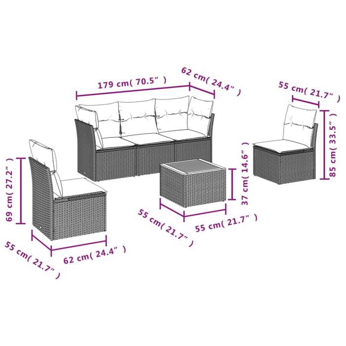 VidaXL Salon de Jardin avec Coussins 6 pcs, Canapés de Terrasse, Ensemble de Meubles de Patio, Mobilier d'Extérieur, Noir 3255873