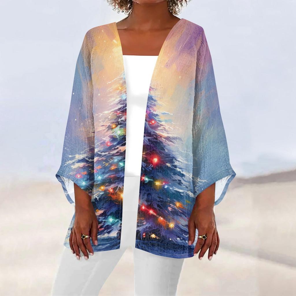 Женская повседневная мода с рождественским принтом легкая куртка средней длины кардиган