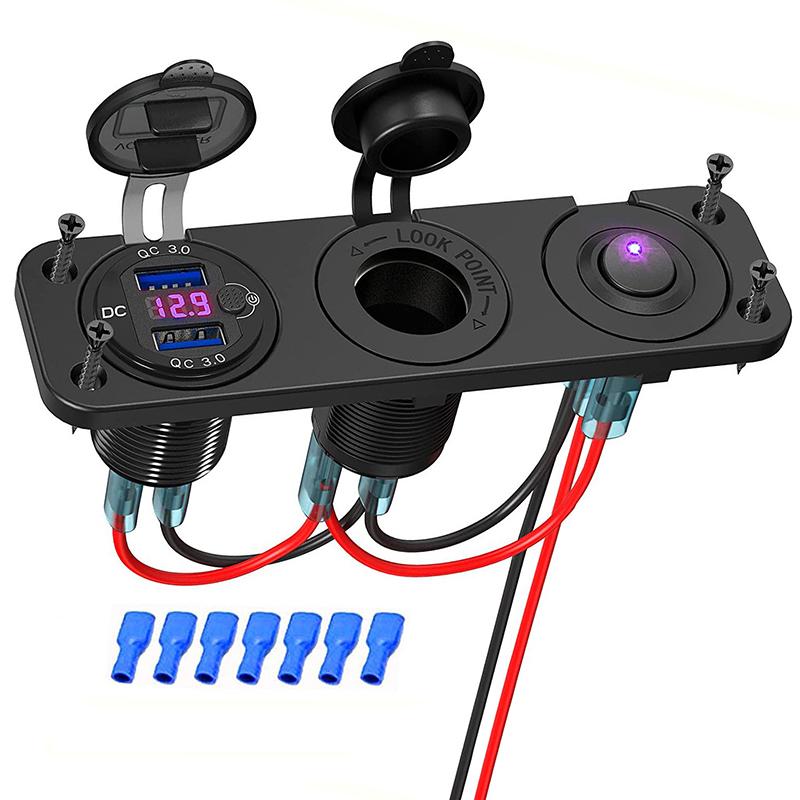 Гнездо питания из алюминиевого сплава Dual Quick Charge 3.0 с тумблером-переключателем и светодиодным вольтметром для автомобиля, лодки 12-24 В