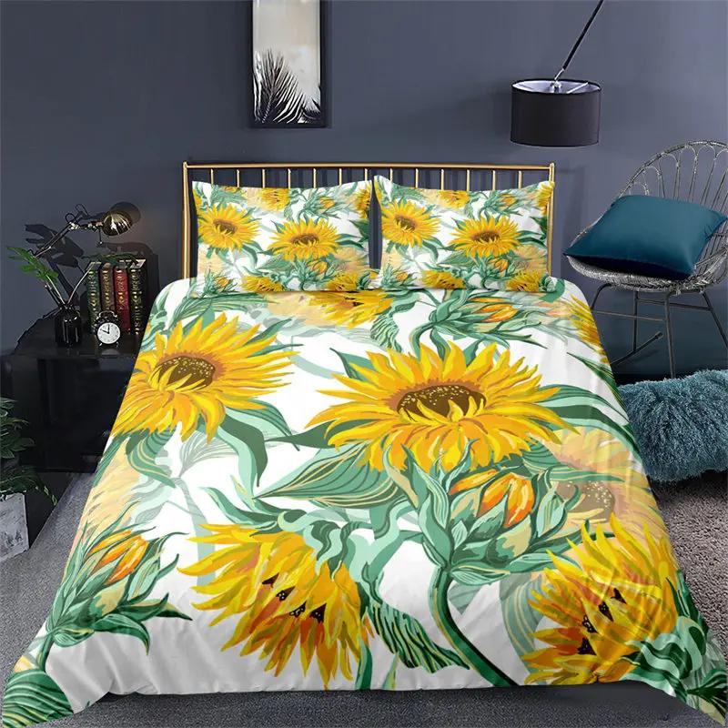 Sunflower Bedding Set Modern Microfiber Yellow Flowers Print Duvet Cover Alluring Sunflowers Summer Inspired Design Quilt Cover